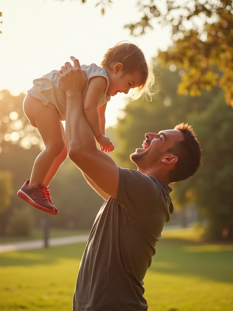 A father lifting his laughing child in a sunny park.