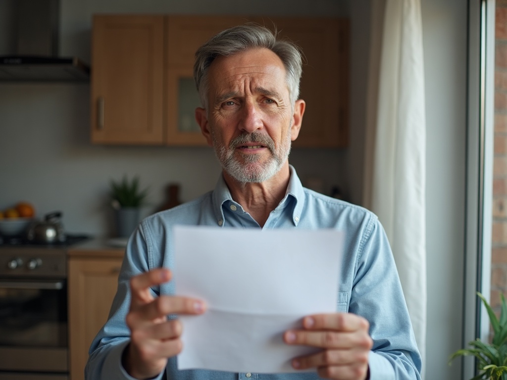 A man stands in his kitchen holding a denial letter, a worried look on his face.