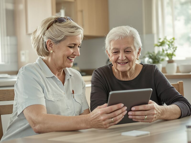 A clinician and an older patient smiling at a tablet together.
