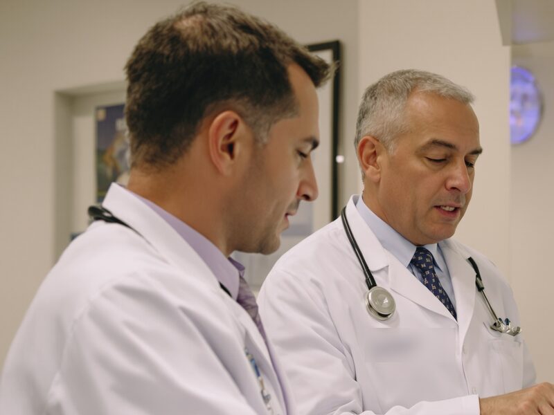 A physician holding a tablet in a bright modern clinic.